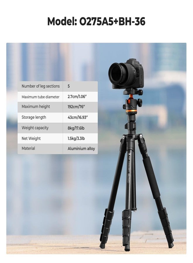 K&F Concept 75.6 inch/192cm Camera Tripod, Heavy Duty DSLR Tripods with 360 Degree Ball Head Load Capacity 8kg/17.6lbs, Detachable Monopod, Cellphone Clip for Smartphone O275A5+BH-36 - Image 3